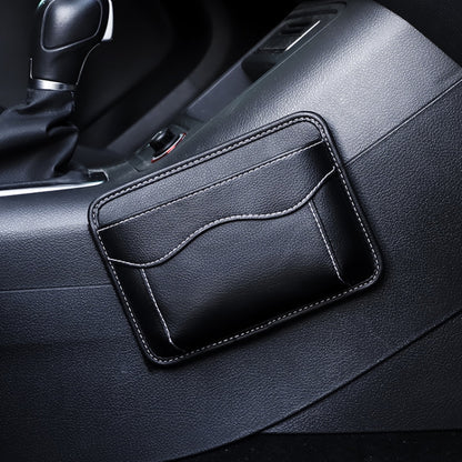 Black car seat storage organizer bag with stitched trim and front pocket panel.