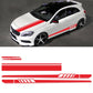 Car hood and side stripe decal set with red racing stripes on a white vehicle