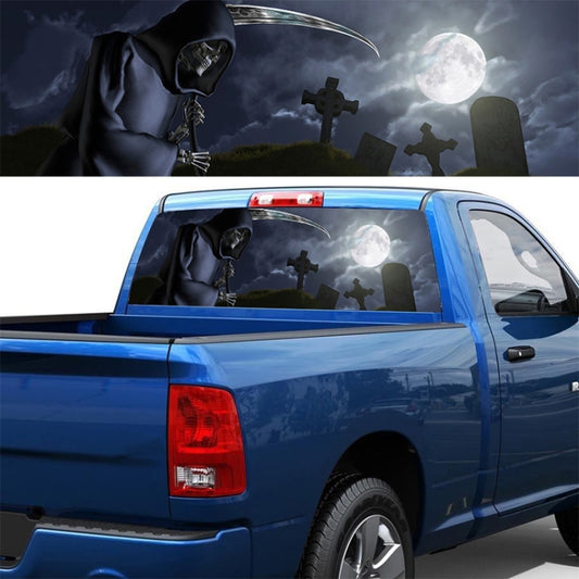 Car rear window decorative sticker with dark cemetery crosses, hooded figure, and moon