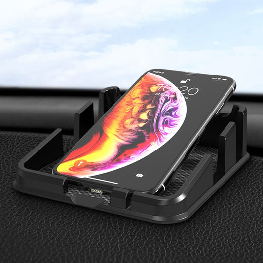 Car dashboard organizer tray with textured mat and adjustable phone holder, black