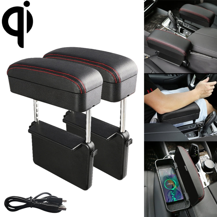 Car armrest box cushion with wireless Qi charger, black PU leather with red edge stitching.