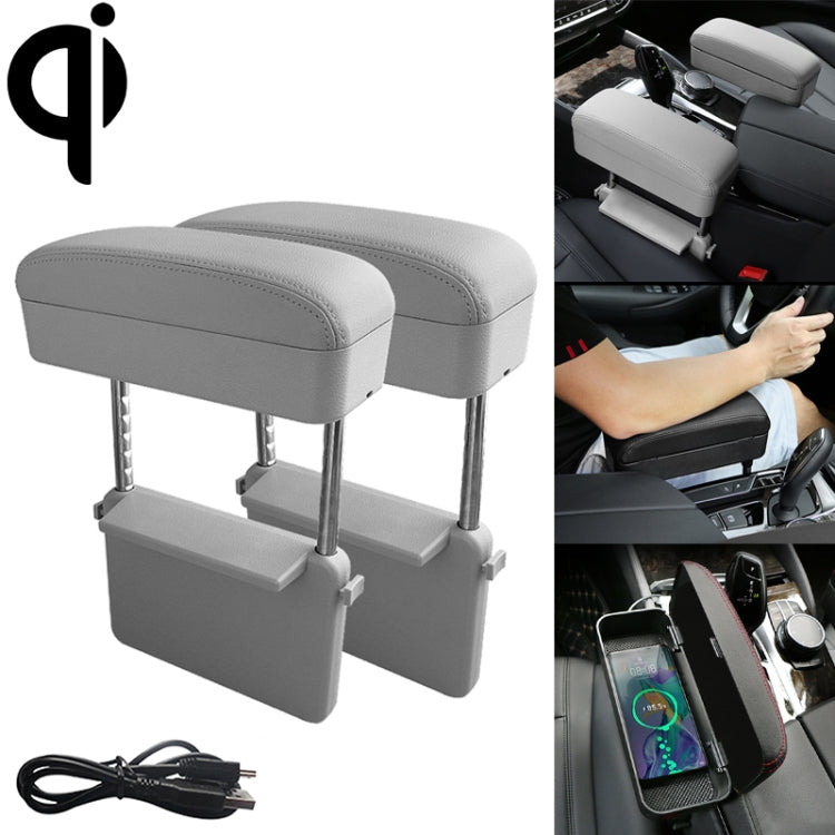 Car armrest box cushion with wireless Qi charger, grey PU leather with storage slots.