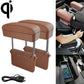 Car armrest box cushion with wireless Qi charger, brown PU leather with storage slots.