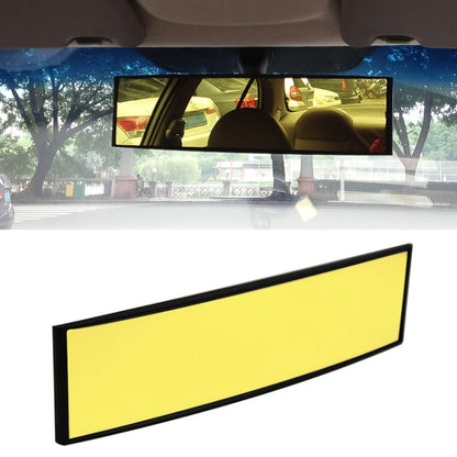 Anti-glare rear view mirror insert with yellow reflective strip and black frame