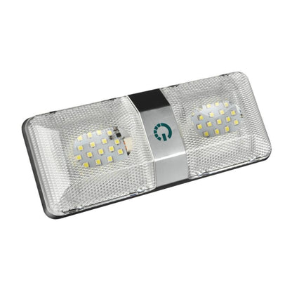 White rectangular marine RV LED dome light with two LED panels and central indicator.
