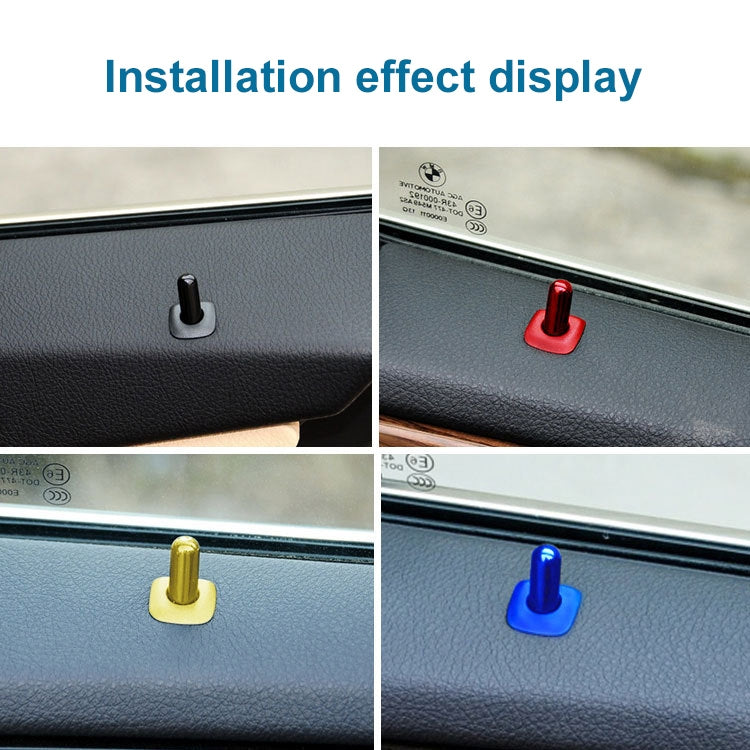 Car door lock cover caps installed on door panel in red, blue, and gold colors