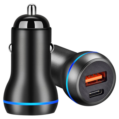 Black car USB fast charger with USB-A and USB-C ports, blue accent ring