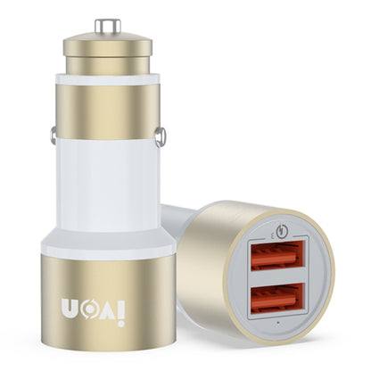 Dual USB car charger with gold and white metal body, two orange USB ports