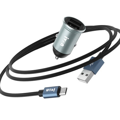 Dual USB mini car charger (silver) with 1m micro USB fast-charge cable set