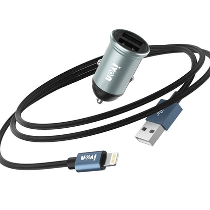 IVON dual USB mini car charger with 1m 8-pin USB cable, silver-gray and black