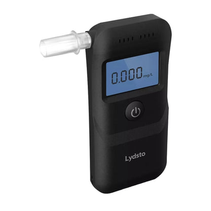 Black digital alcohol tester with blue LCD screen showing 0.000 mg/L