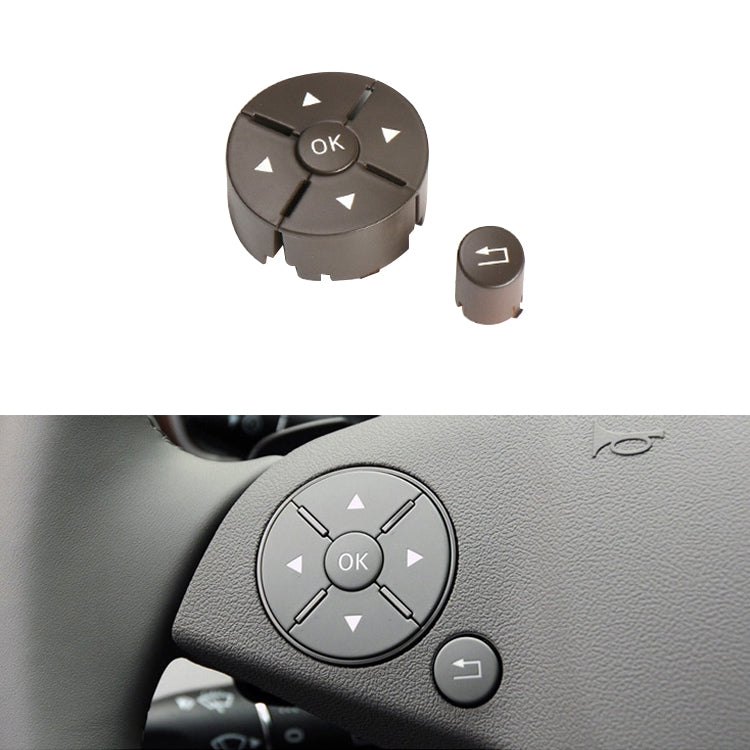 Brown steering wheel switch button panel with OK ring and arrow icons, left control