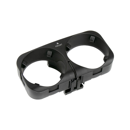 Black dual cup holder insert with mounting clips for car console, left-driving.