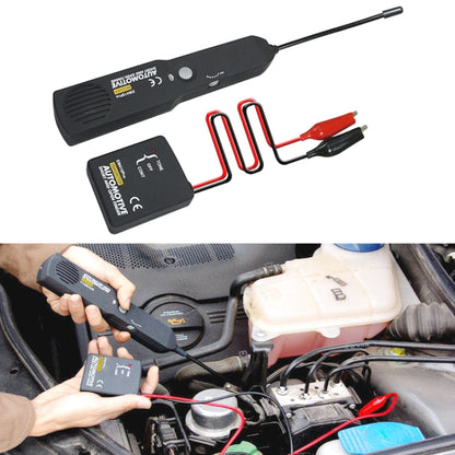 Automotive circuit detector kit with receiver, probe leads, and handheld tester