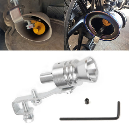 Universal exhaust muffler whistle, silver aluminum unit with mounting bracket and hex key