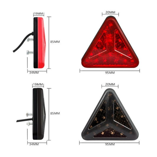 Triangle LED tail light shown in red and black with size diagram