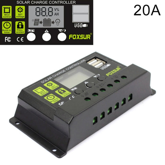 FOXSUR 20A Solar Charge Controller 12V / 24V Automatic Identification Controller, 20A