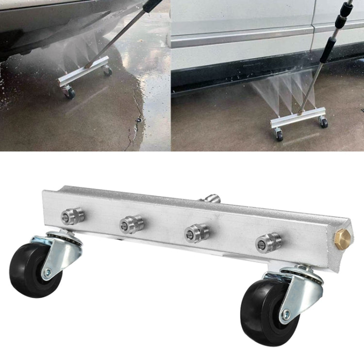Car chassis pressure washer bar with four nozzles and four caster wheels, silver metal