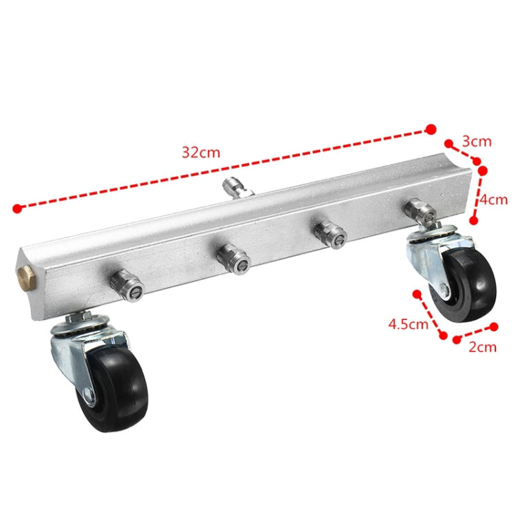 Silver chassis washer bar with four nozzle ports and caster wheels, size diagram detail