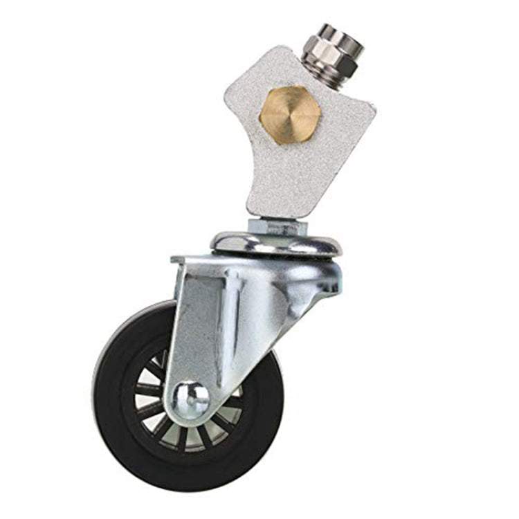 Caster wheel assembly with brass cap and threaded inlet on silver chassis washer bar