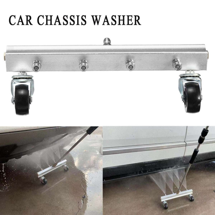 Chassis washer frame with four nozzle ports and caster wheels, silver metal