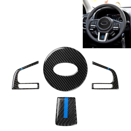 Carbon fiber steering wheel button sticker set with blue accents, four-piece overlay