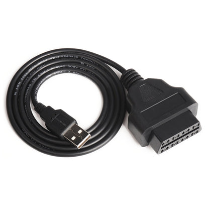 OBD2 to USB car cable with black OBD plug and USB-A connector.