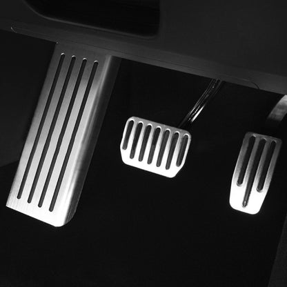 Three-piece car pedal cover set with silver vented non-slip foot pads