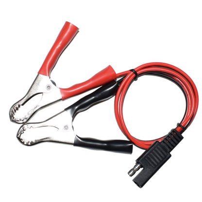 Motorcycle charging cable with red/black crocodile clips and black SAE plug