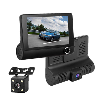 Black car dash cam with 4-inch screen and front/side camera modules