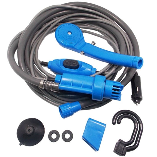 Blue portable car electric shower sprayer kit with hose and nozzle attachments