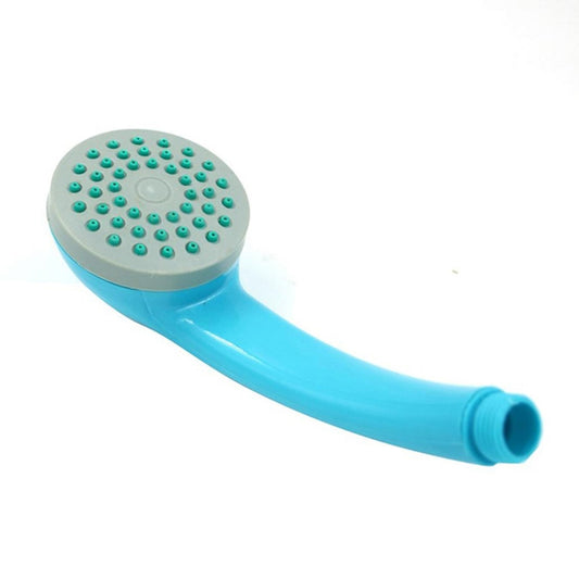 Blue shower head attachment with round spray face and curved nozzle handle
