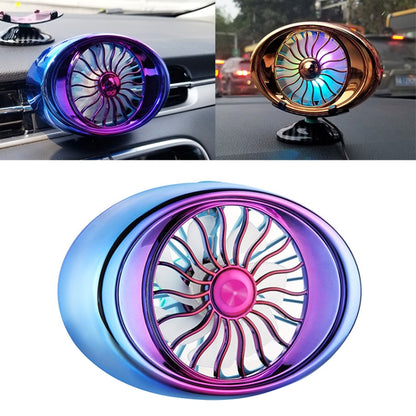 Portable car vent fan with glowing purple LED ring, mounted on a car dashboard