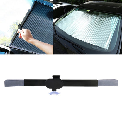 Retractable car windshield sun shade panel with suction cups and striped reflective surface