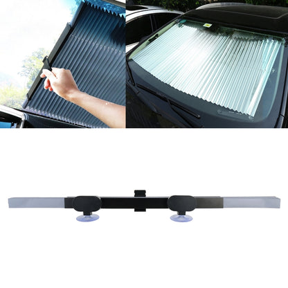 Retractable car windshield sun shade with reflective silver ribbed panel and black trim