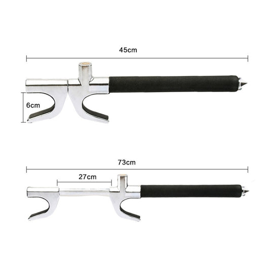 Steering wheel lock with safety hammer showing size measurements for U-bar and handle