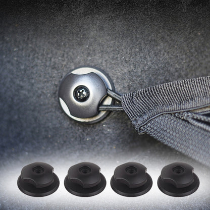 Car trunk luggage net hook with metal snap and gray fabric webbing