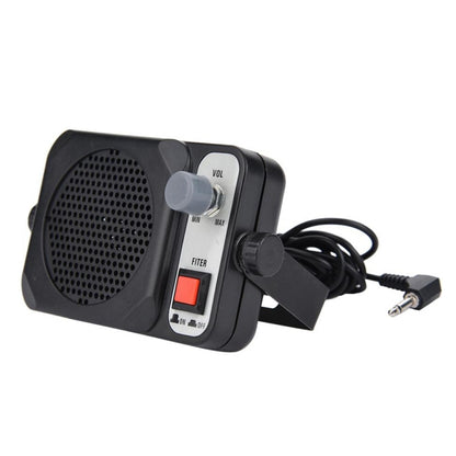 Car external speaker horn with black housing, volume and filter controls, wired plug