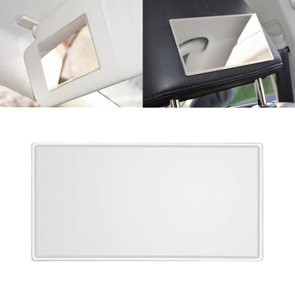 Portable car sunshade makeup mirror, rectangular reflective glass in white mount