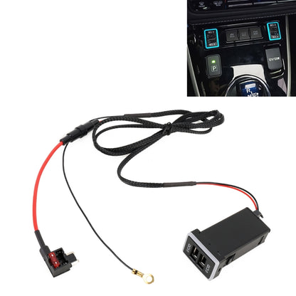 QC3.0 USB charger interface with black wiring harness and inline fuse, ice blue light bezel