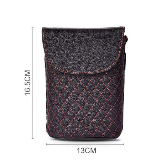 Black car seat trash can holder with red diamond stitching and curved flap lid