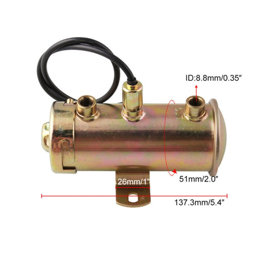 Universal 12V electric fuel pump with hose ports, black wiring and brass-style connections