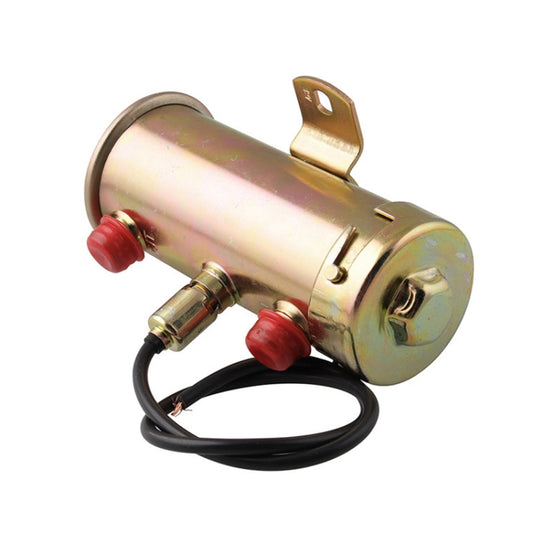 Universal 12V electric fuel pump, brushed metal canister with red caps and wire leads