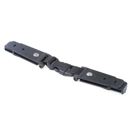 Close-up of kids seat belt adjuster with metal snap rings and dark gray buckle housing