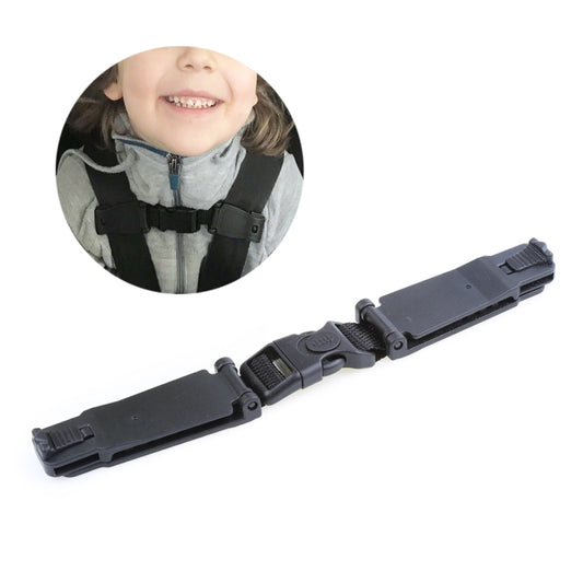 Kids car seat belt adjuster strap with buckle, dark gray plastic and fabric webbing