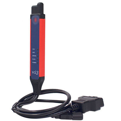VCI3 diagnostic scanner adapter with red-and-blue indicator panel and cable