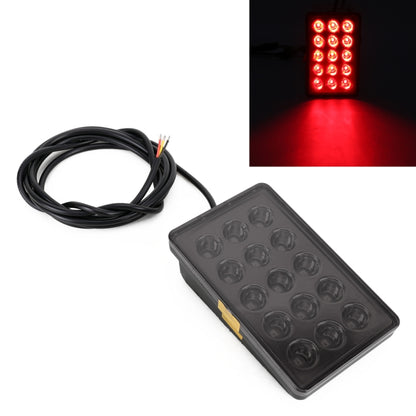 Square LED car light with 15 red LEDs, black housing, and wire leads