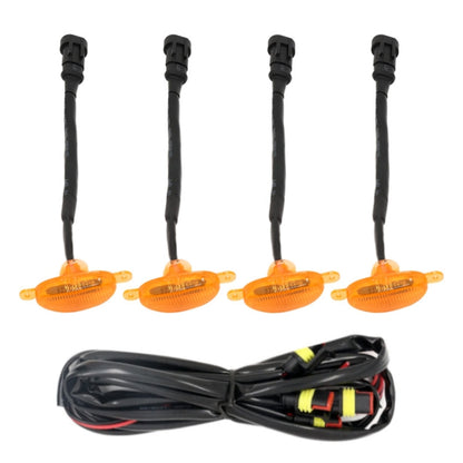 4 yellow LED grille warning lights with black wiring harness and connectors