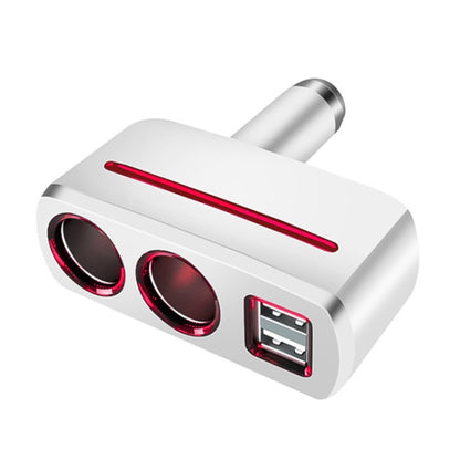 White dual-port car charger with two circular sockets and one side USB port