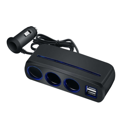 Black 3-in-1 car cigarette lighter charger with dual USB and blue LED glow